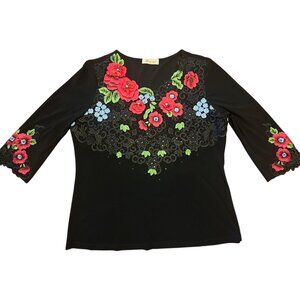 Floral Embroidered Black 3/4 Sleeve Top With Lace Details & Rhinestones